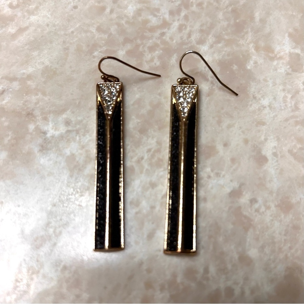 Gold Tone Black Bar Drop Earrings with Rhinestone Accents | Modern Statement